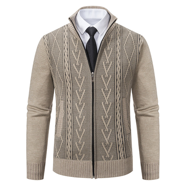 Men's stand collar cardigan color options beige light gray dark gray, jacquard knit cardigan look for versatile outfits
