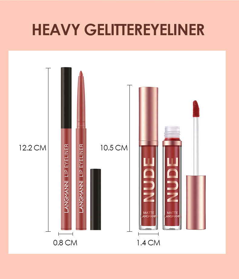 Matte lipstick set featuring six liquid lipsticks and six lip liner pencils for defining lips and adding long-lasting colors.
