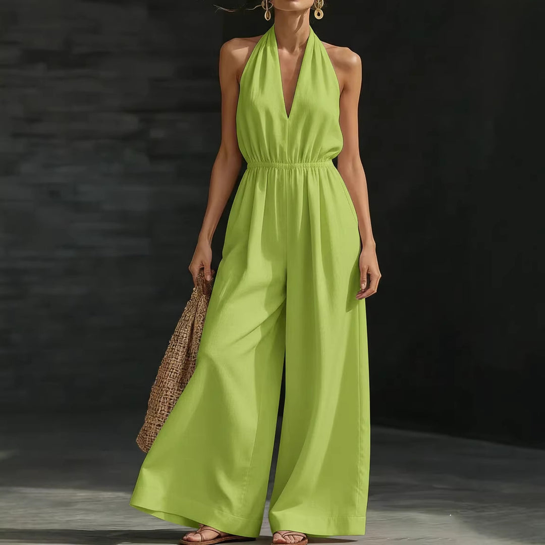 White wide-leg women’s jumpsuit with soft drape and sleeveless summer design