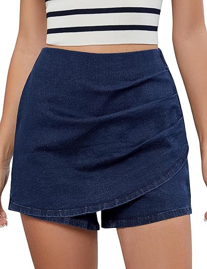 High Waisted Stretch Denim Shorts Elegant Culotte Style