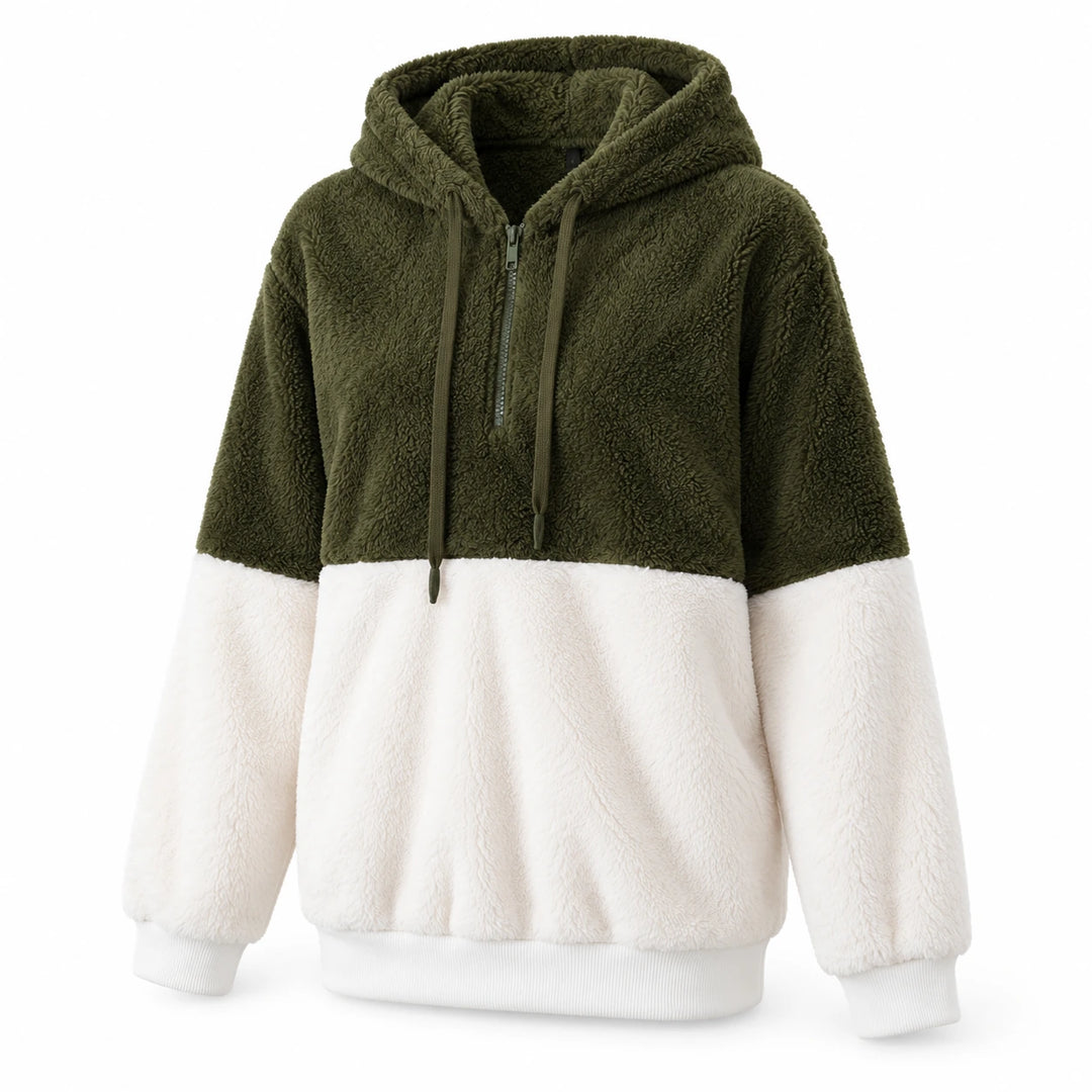 Green and ivory hooded sweater jacket in a three-quarter front product view