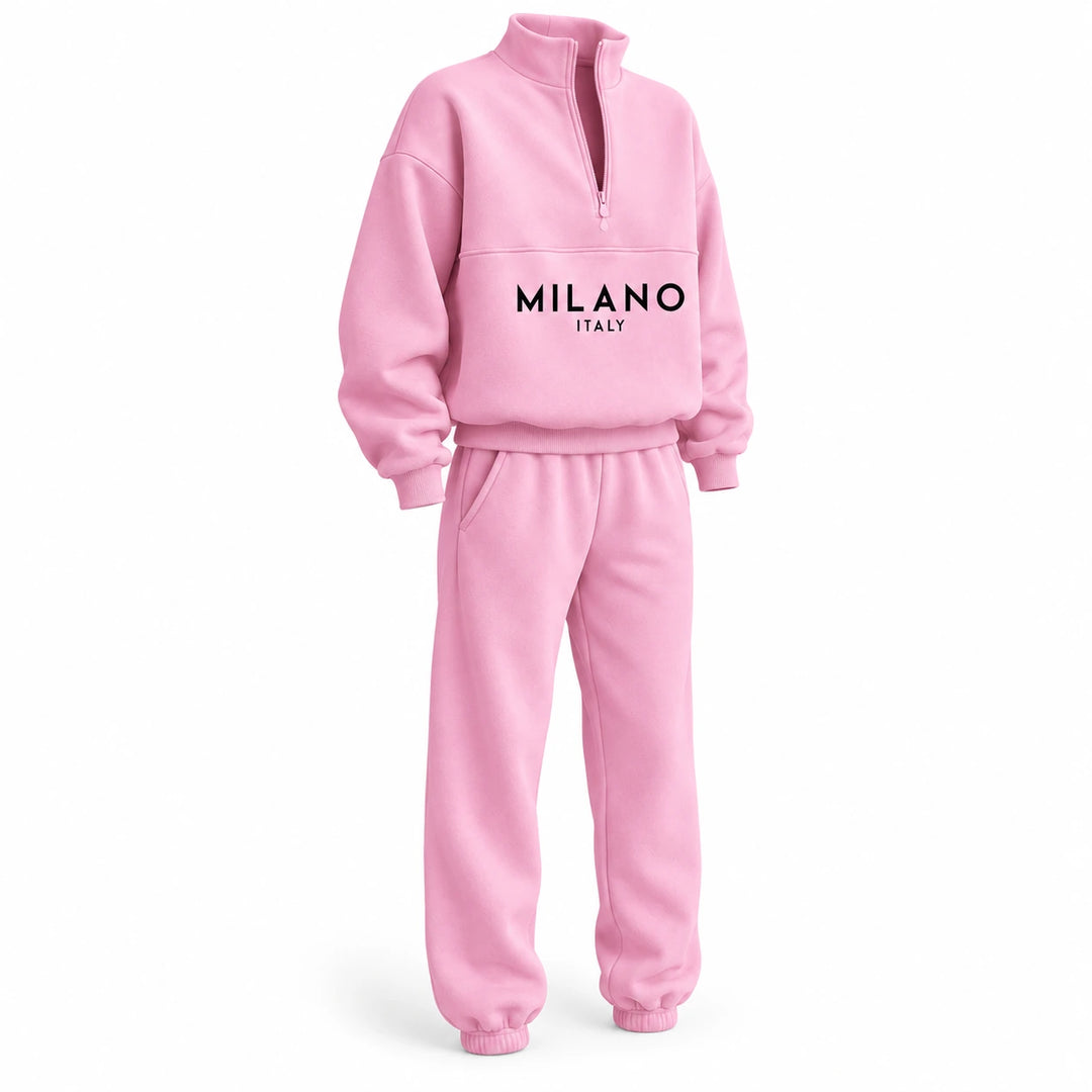 Pink sweatshirt and jogger set shown from a front three-quarter angle