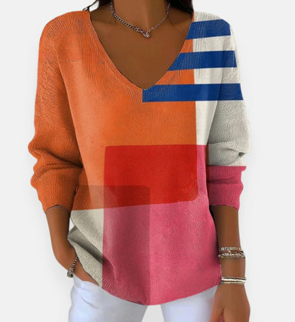 Women's Gradient Color V-neck Long-sleeved T-shirt