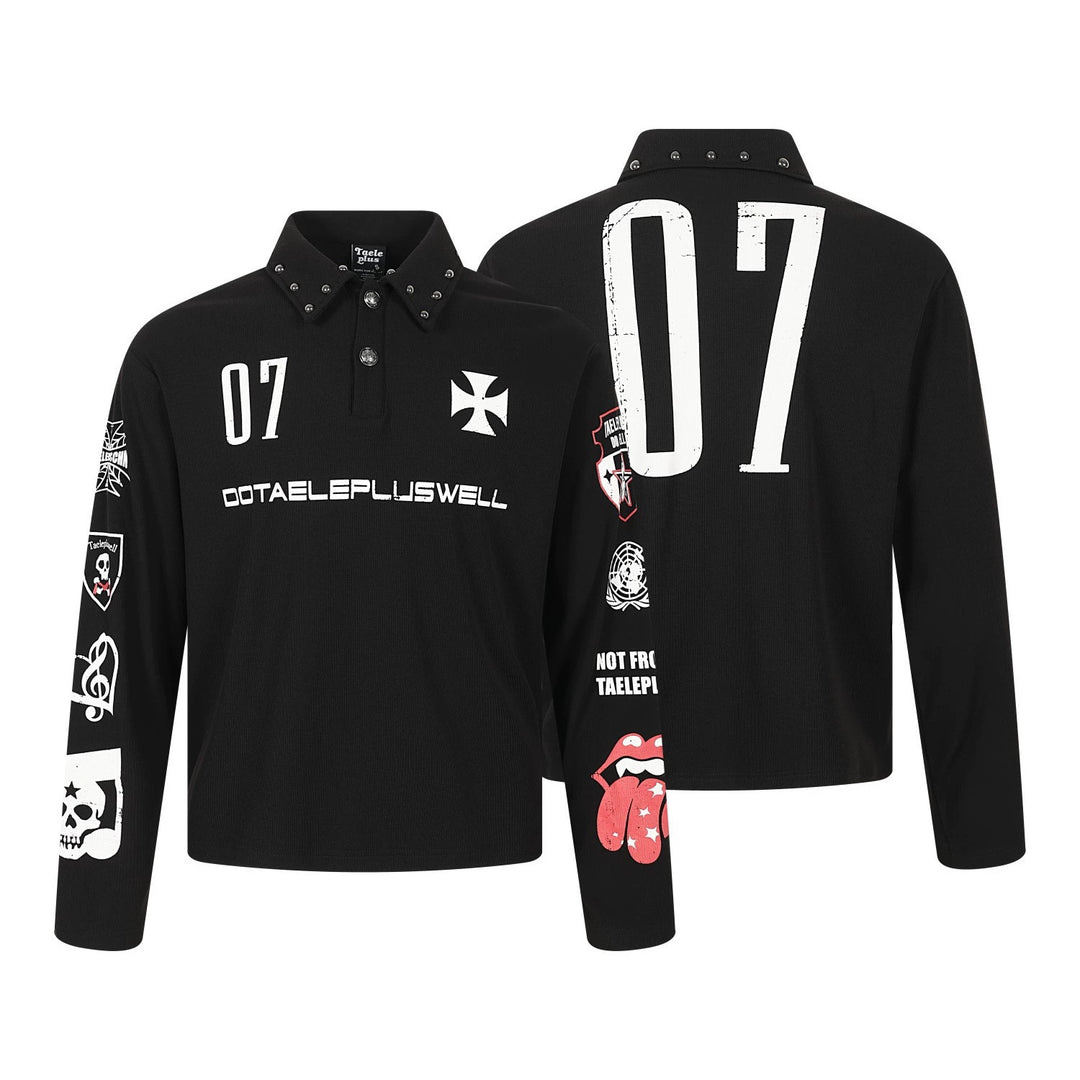 Front and back views of this black long sleeve polo with white 07 prints, a studded collar and red and white sleeve graphics.