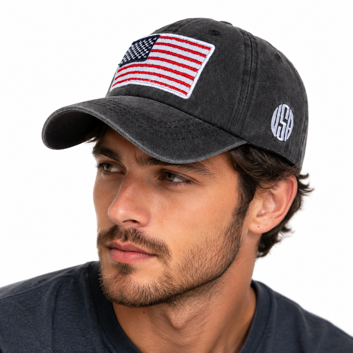 Distressed baseball cap with retro flag-style print, rounded edges, adjustable back, and soft polyester for daily wear looks.