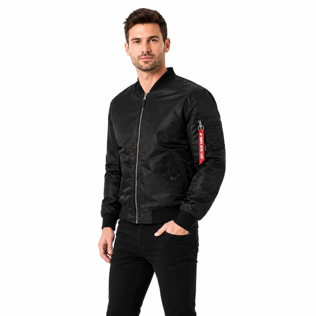 Black Single Layer bomber jacket on a male model, showing zip front, sleeve pocket and streamlined drape on a white backdrop.