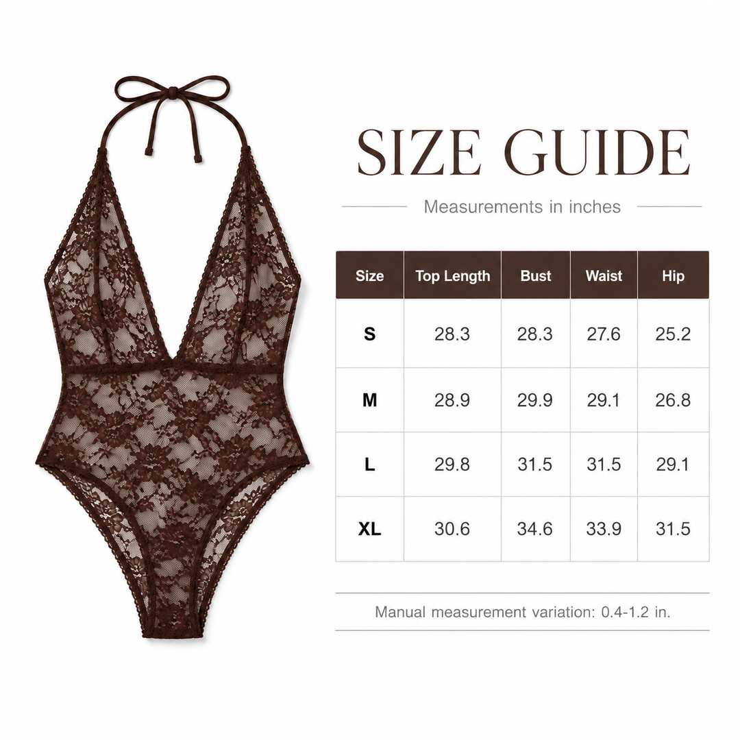 A lace halter bodysuit in dark brown is shown next to a size guide chart with measurements in inches for sizes S through XL.