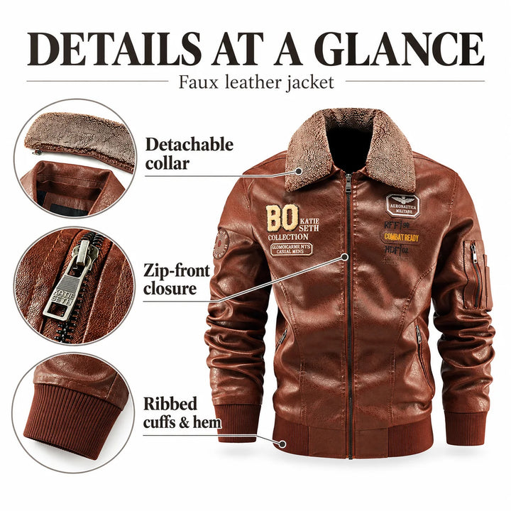 Brown jacket feature infographic showing its detachable collar, zip-front closure and ribbed cuffs and hem.