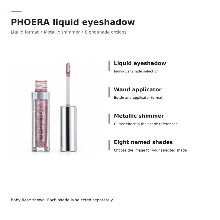 PHOERA liquid eyeshadow details: liquid format, wand applicator, metallic shimmer and eight shade options