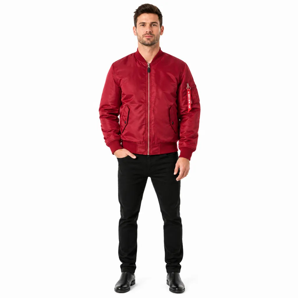 Red Single Layer bomber jacket on a male model, with zip front, ribbed cuffs and a simple profile on a white studio backdrop.