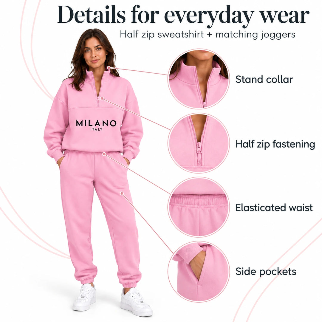 Pink sweatsuit set highlighting the stand collar, half zip, elasticated waist and side pockets