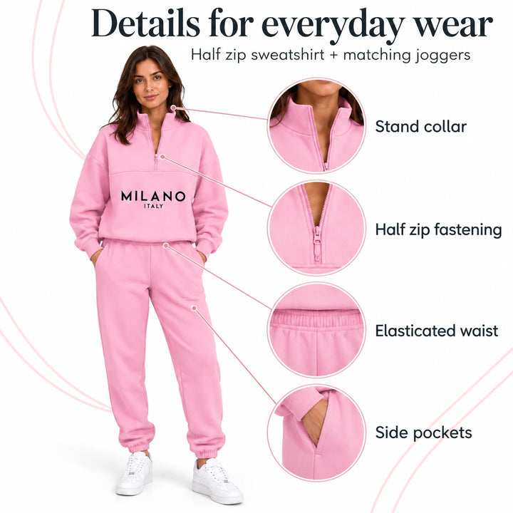 Pink sweatsuit set highlighting the stand collar, half zip, elasticated waist and side pockets