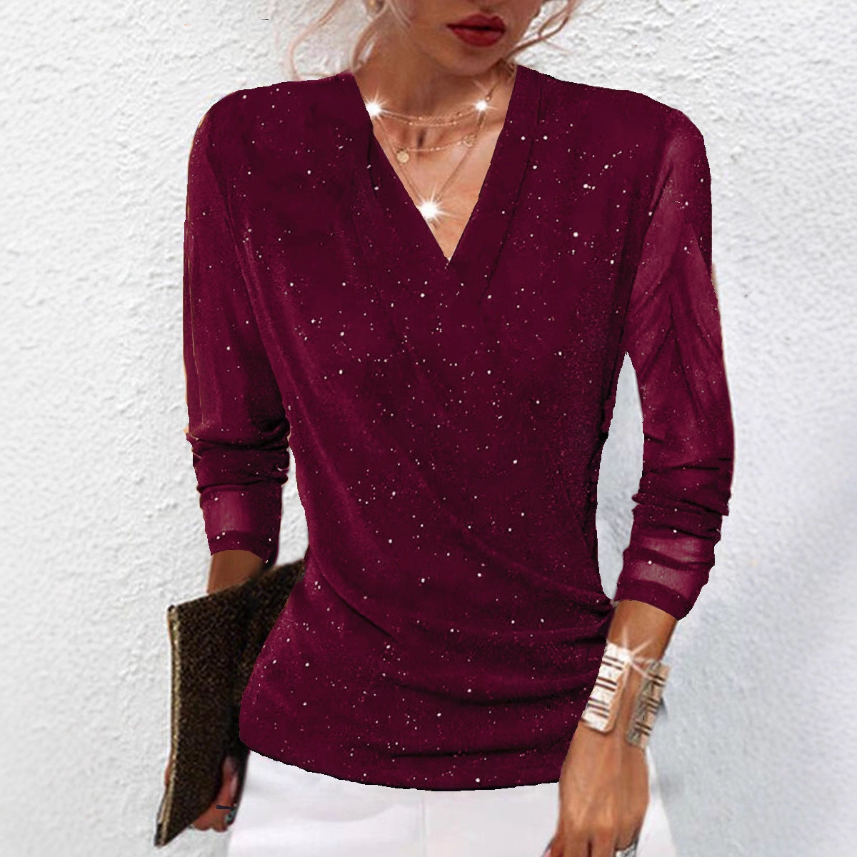 women's v-neck mesh top purple long sleeve semi-sheer fabric worn with satin skirt for party layering
