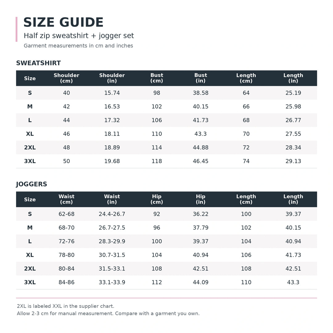 Sweatshirt and jogger garment size guide in centimeters and inches for sizes S to 3XL