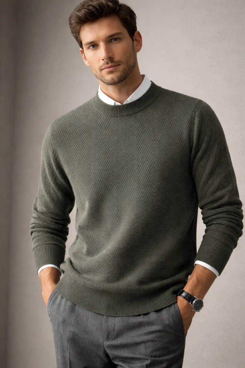 wool pullover men full length view structured shoulder line