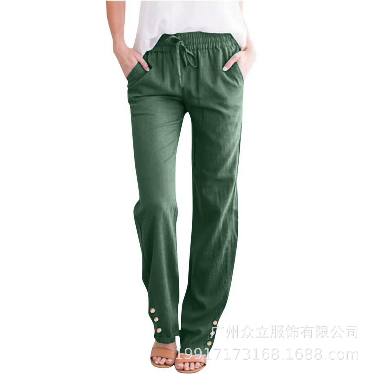 Women’s Cotton Linen Wide-Leg Trousers–Drawstring Pants