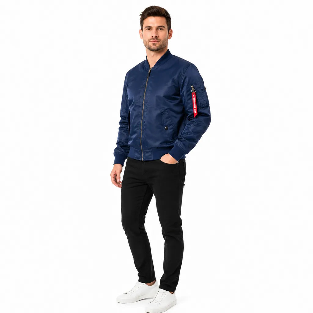 Deep Blue Single Layer bomber jacket on a male model, showing zip front, sleeve pocket and ribbed trim on a white background.