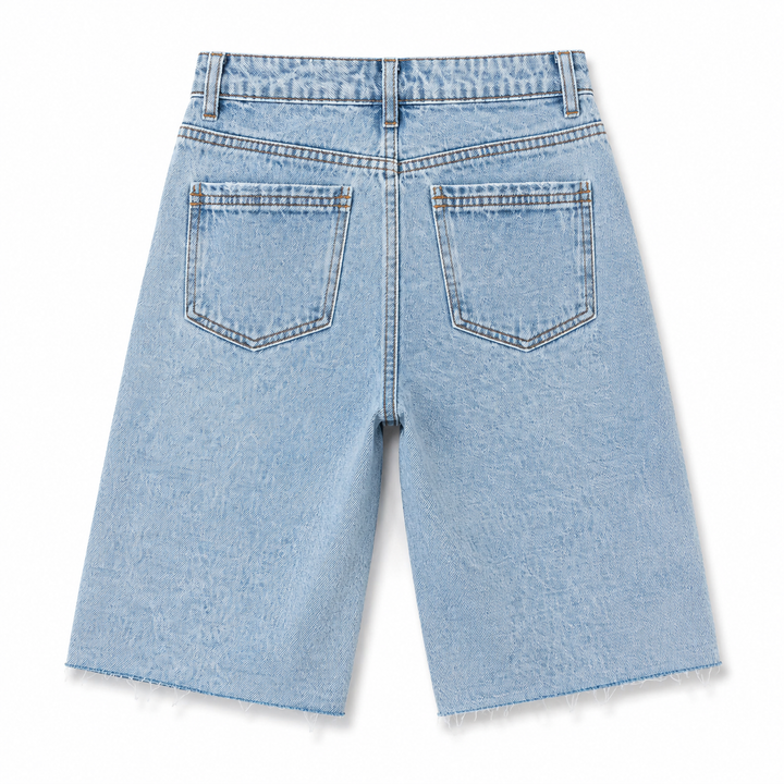 Back flat lay of light-blue denim Bermuda shorts showing pockets, seams and raw hem