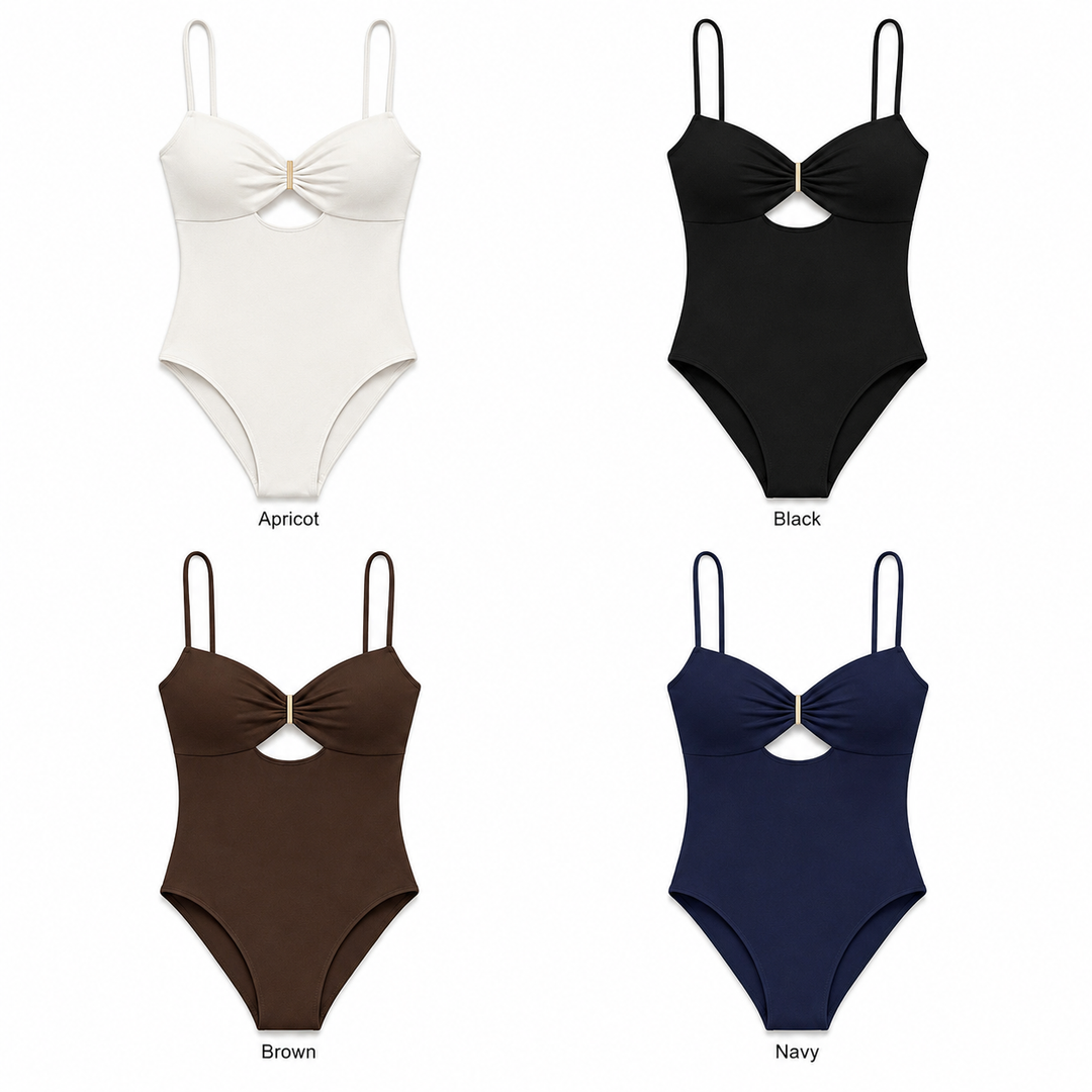 Sweetheart-neck cutout bodysuit variants displayed in Apricot, Black, Brown and Navy with all matching verified front details