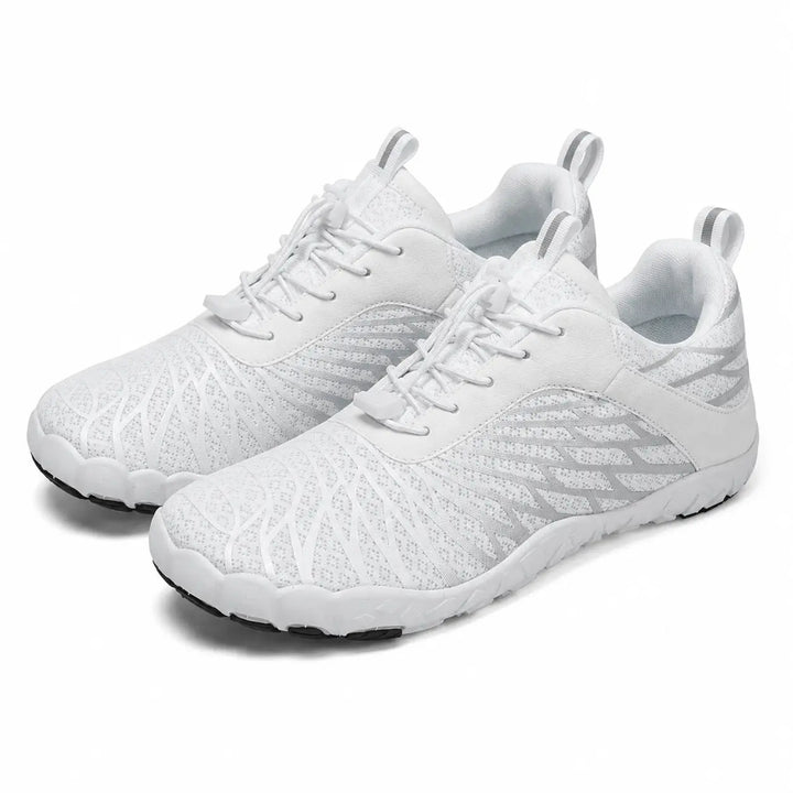 White and gray unisex slip-on hiking shoes from above, highlighting the mesh uppers, heel loops and low-cut openings clearly.