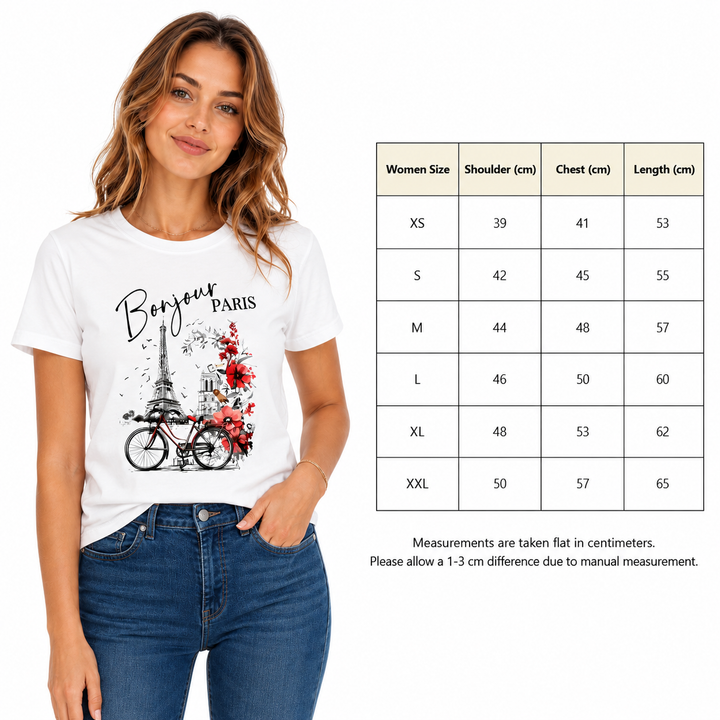 Soft French graphic tee for women with crew neckline, short sleeves, and easy styling for jeans, skirts, and blazers now fit.