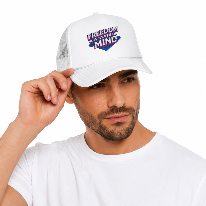 Man wearing a white cap with text on a white background