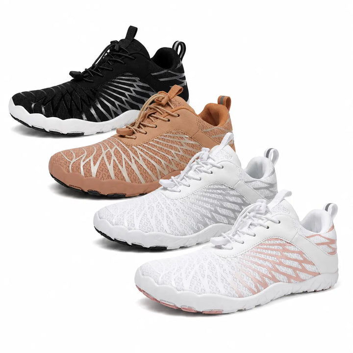 All four unisex slip-on hiking shoe color variants in black, brown, white and gray, and white and pink on a white background.