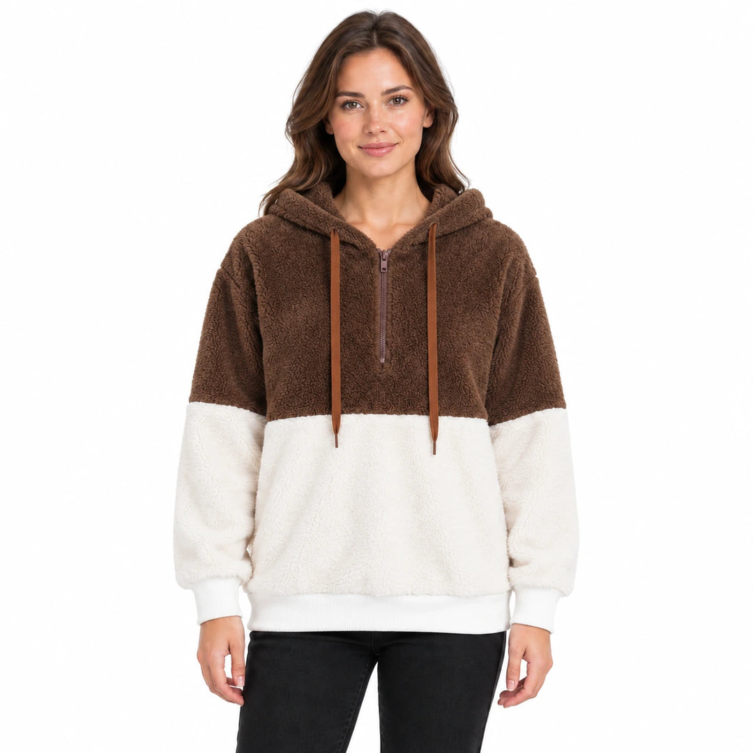 Model wearing the coffee brown and ivory women&