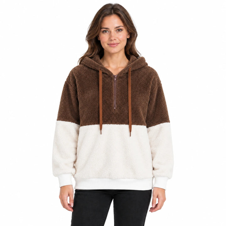 Model wearing the coffee brown and ivory women&