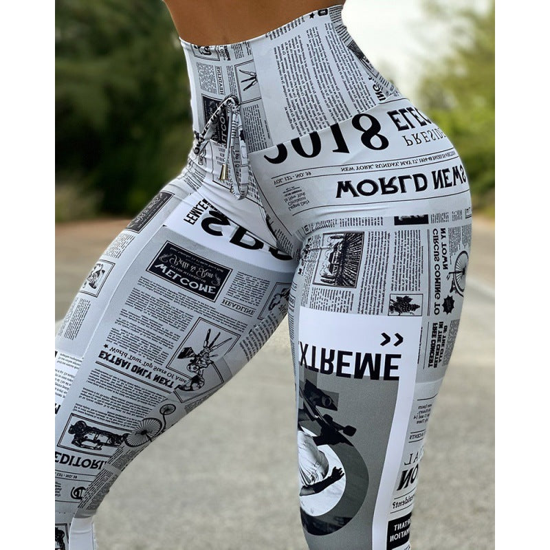 White newspaper graphic leggings product view
