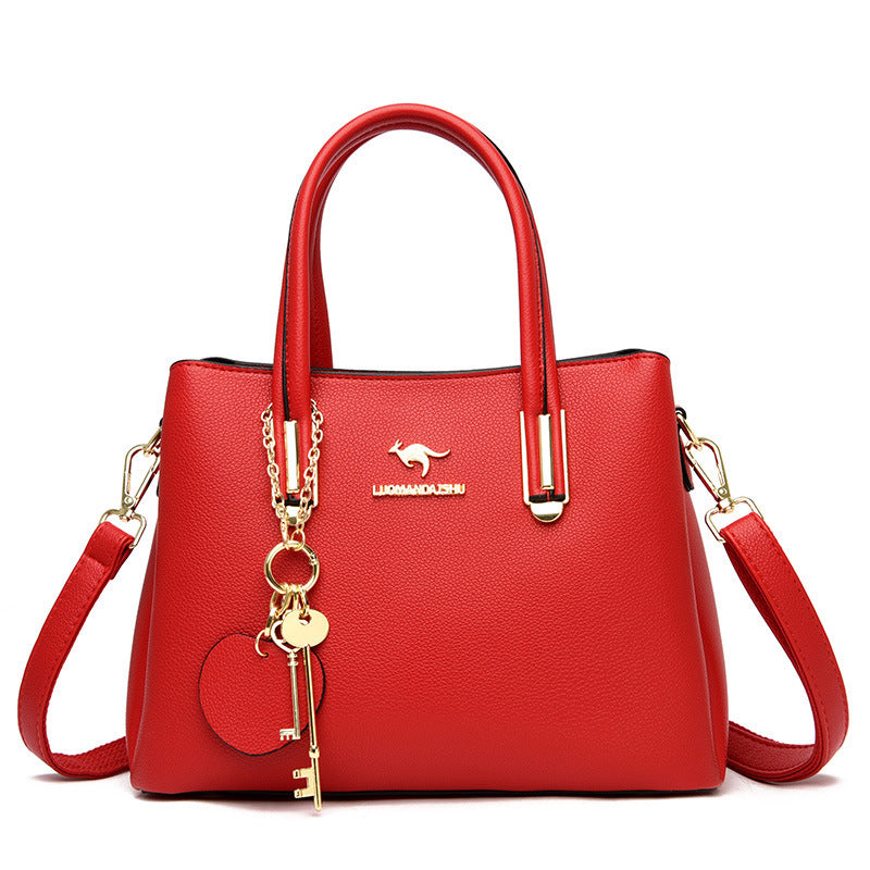 Red large capacity women's lychee texture handbag