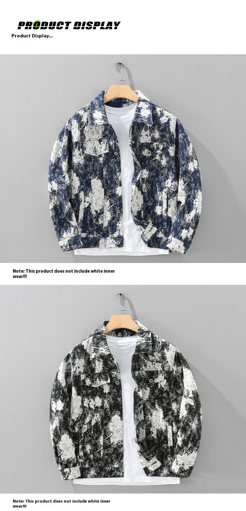 Floral patterned jacket displayed on a hanger against a gray background