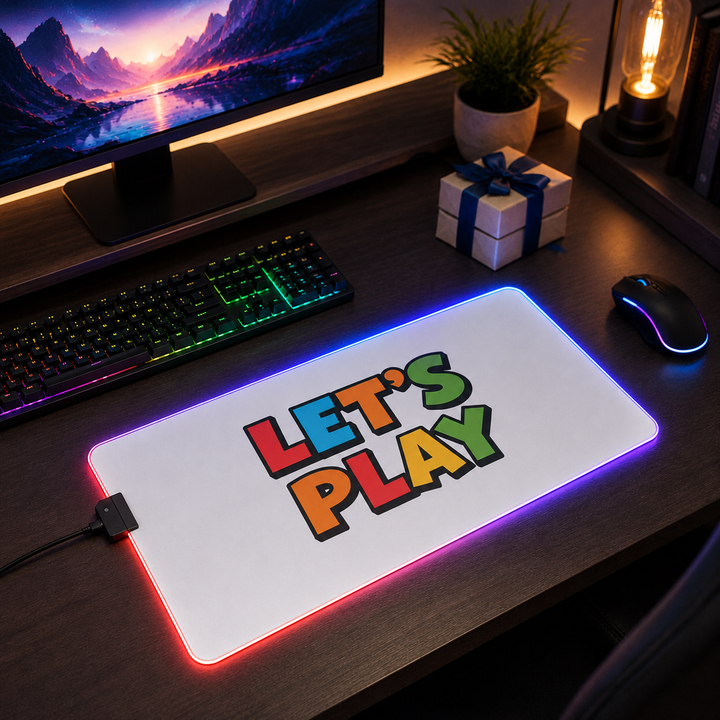 LED mouse pad for gaming and office desk with colorful RGB lighting, secure rubber base and smooth polyester top surface now.

