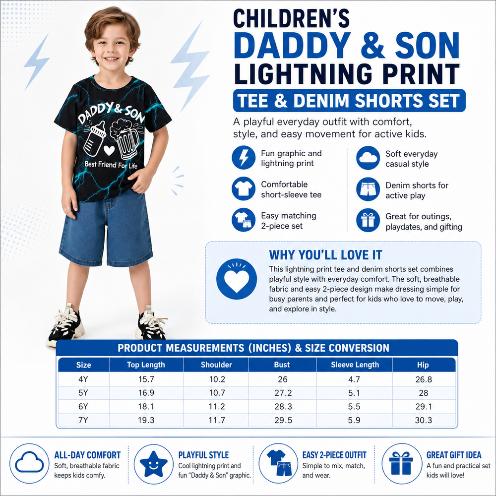 Product image for the boys' black lightning print tee and denim shorts set, sold as one child's outfit in listed sizes 4Y-7Y.