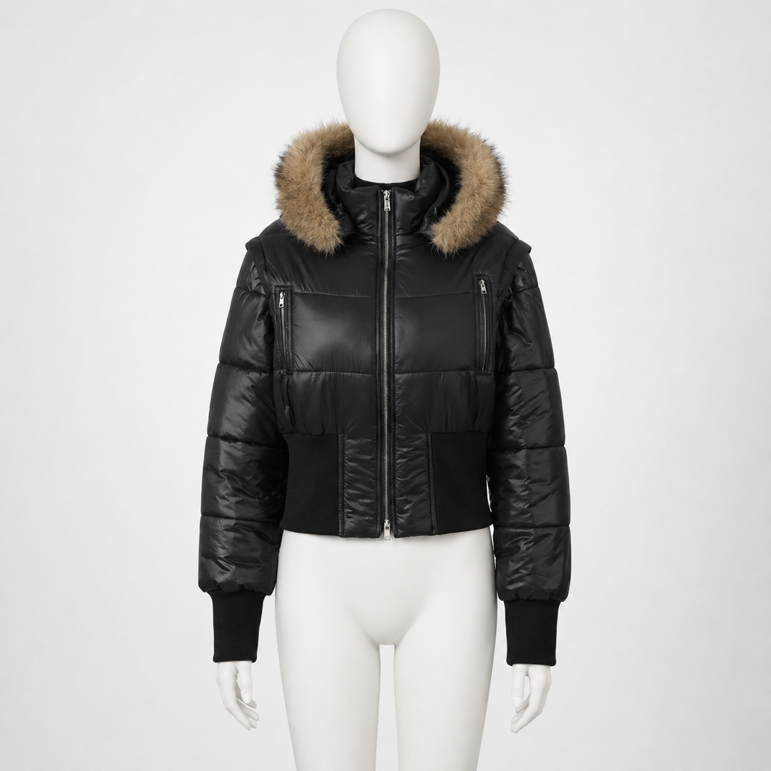 Black puffer jacket with fur hood on a mannequin against a white background