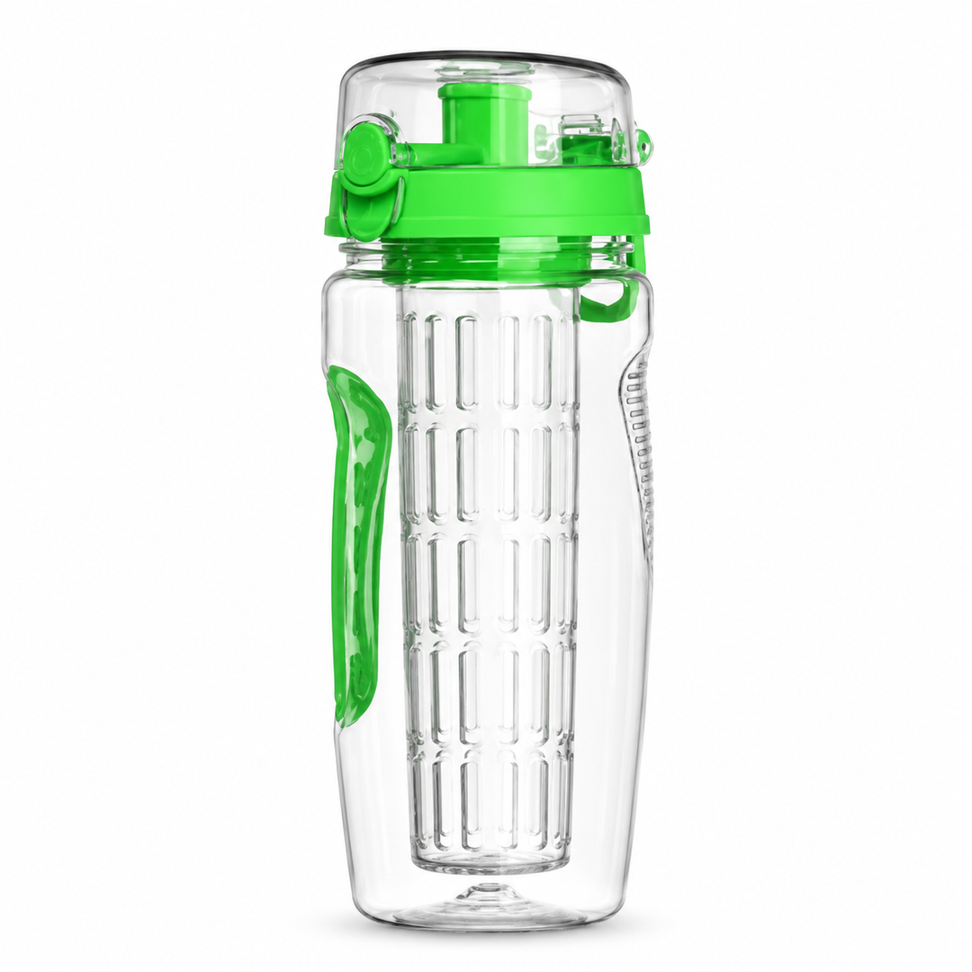 Clear water bottle with green lid and accents on a white background