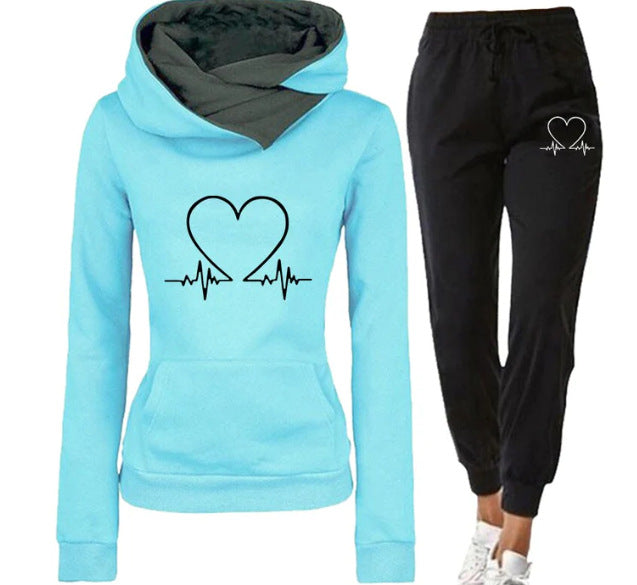 Love Heart Printed Women's Sports Suit Hooded Top & Pants