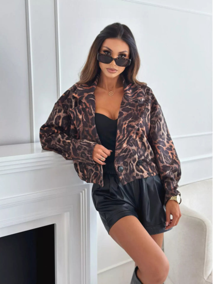 "leopard print blazer women full body model wearing with black pants"
