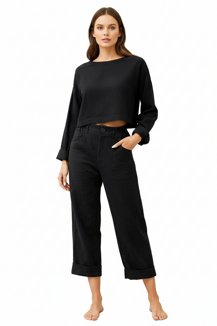 Women summer trousers cotton linen drawstring waist relaxed fit breathable lightweight casual pants