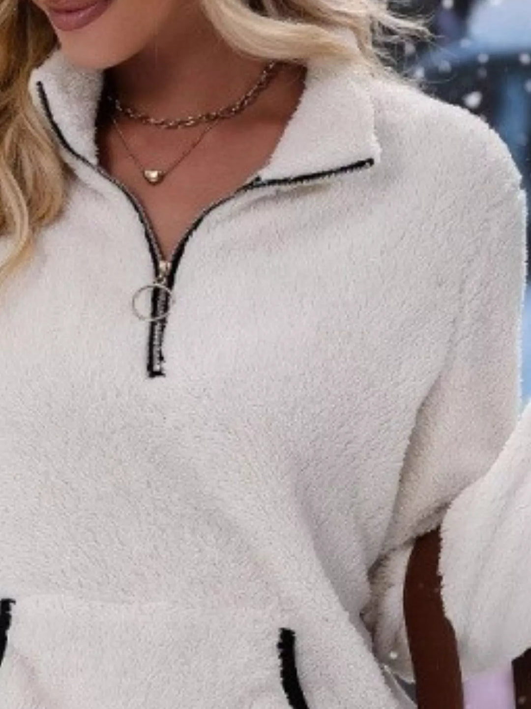 full size quarter zip sweatshirt in soft fleece, S to 2XL sizing shown from side view to highlight hip skimming length