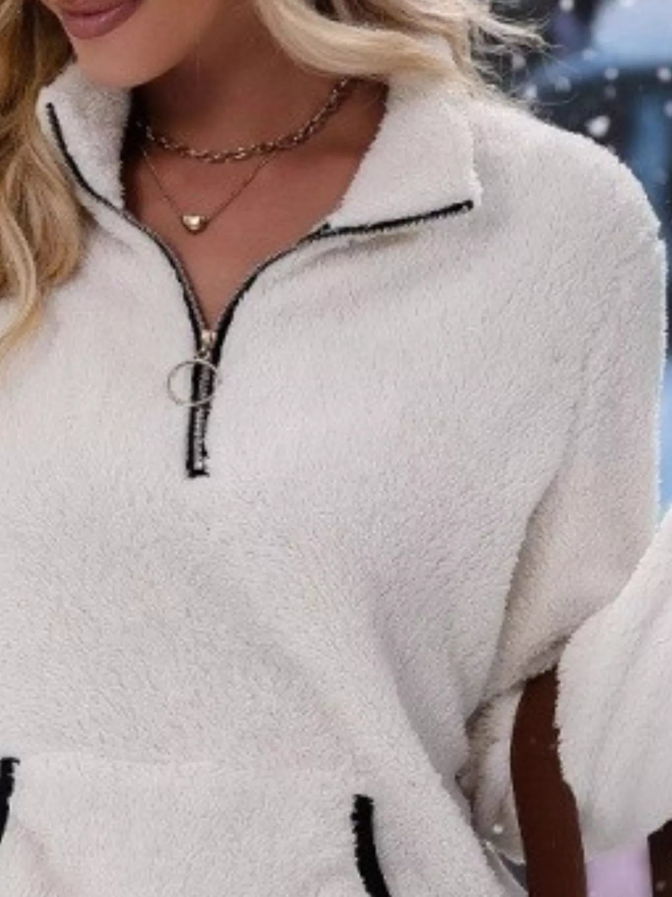 full size quarter zip sweatshirt in soft fleece, S to 2XL sizing shown from side view to highlight hip skimming length