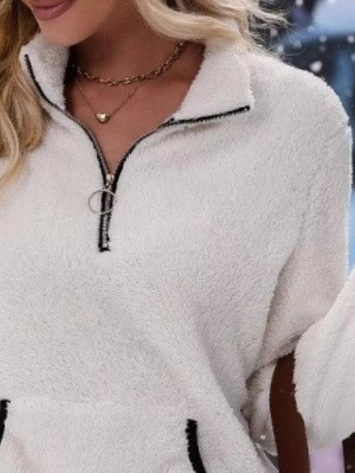 full size quarter zip sweatshirt in soft fleece, S to 2XL sizing shown from side view to highlight hip skimming length