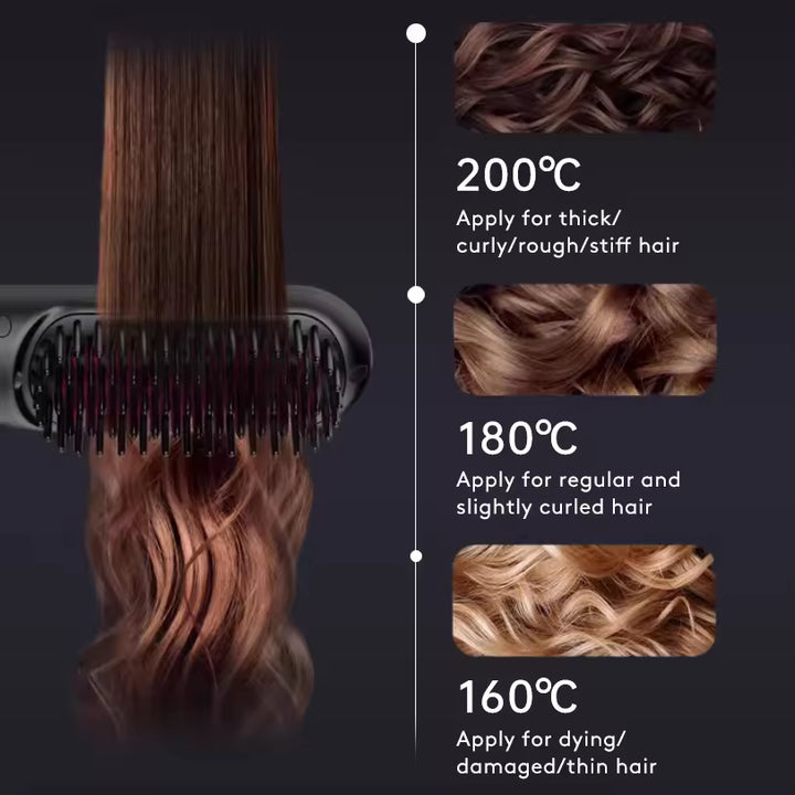 Cordless hair straightener brush smoothing hair without pulling