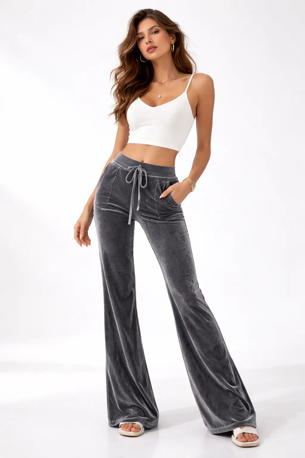 Women’s Velvet Flare Pants with Drawstring Pockets Chic Fit