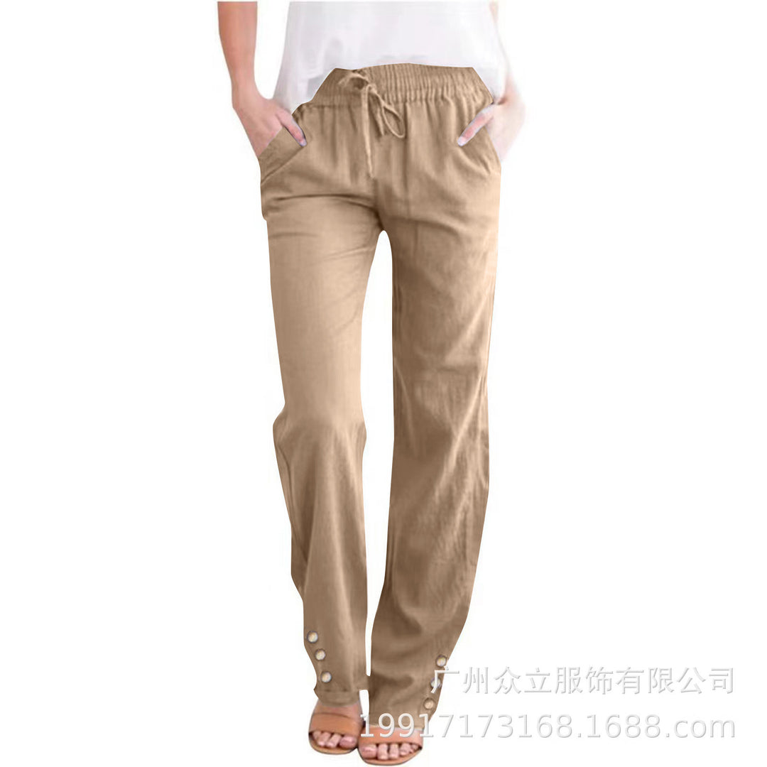 Women’s Cotton Linen Wide-Leg Trousers–Drawstring Pants
