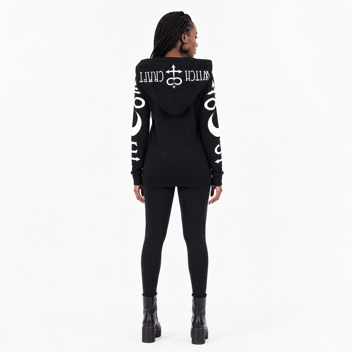 Gothic zip hoodie for women with moon print detail, a smooth polyester finish and front pockets for concert and city outfits.