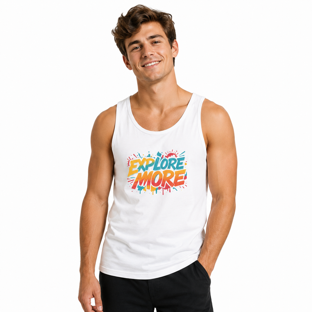 Explore More graphic tank with clean print placement and polished product finish