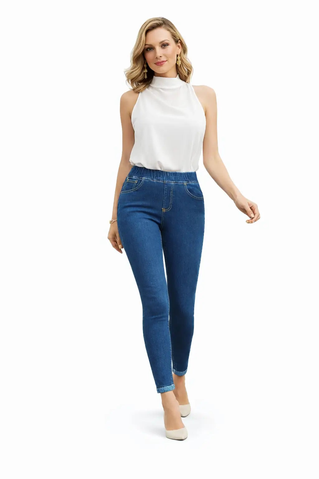 Women's Elastic Waist Skinny Jeans – Cropped Blue Fit