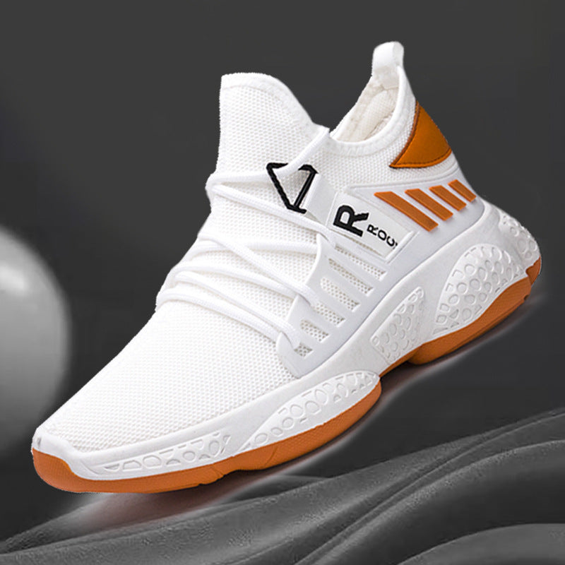 running shoes men breathable mesh sneaker white side ventilation panels and orange heel detail for summer wear
