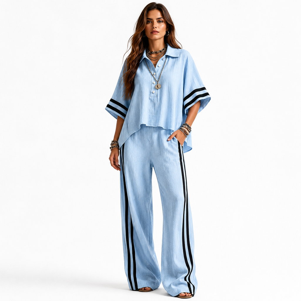 Two Piece Pants Set for Women - Summer Shirt Outfit Set